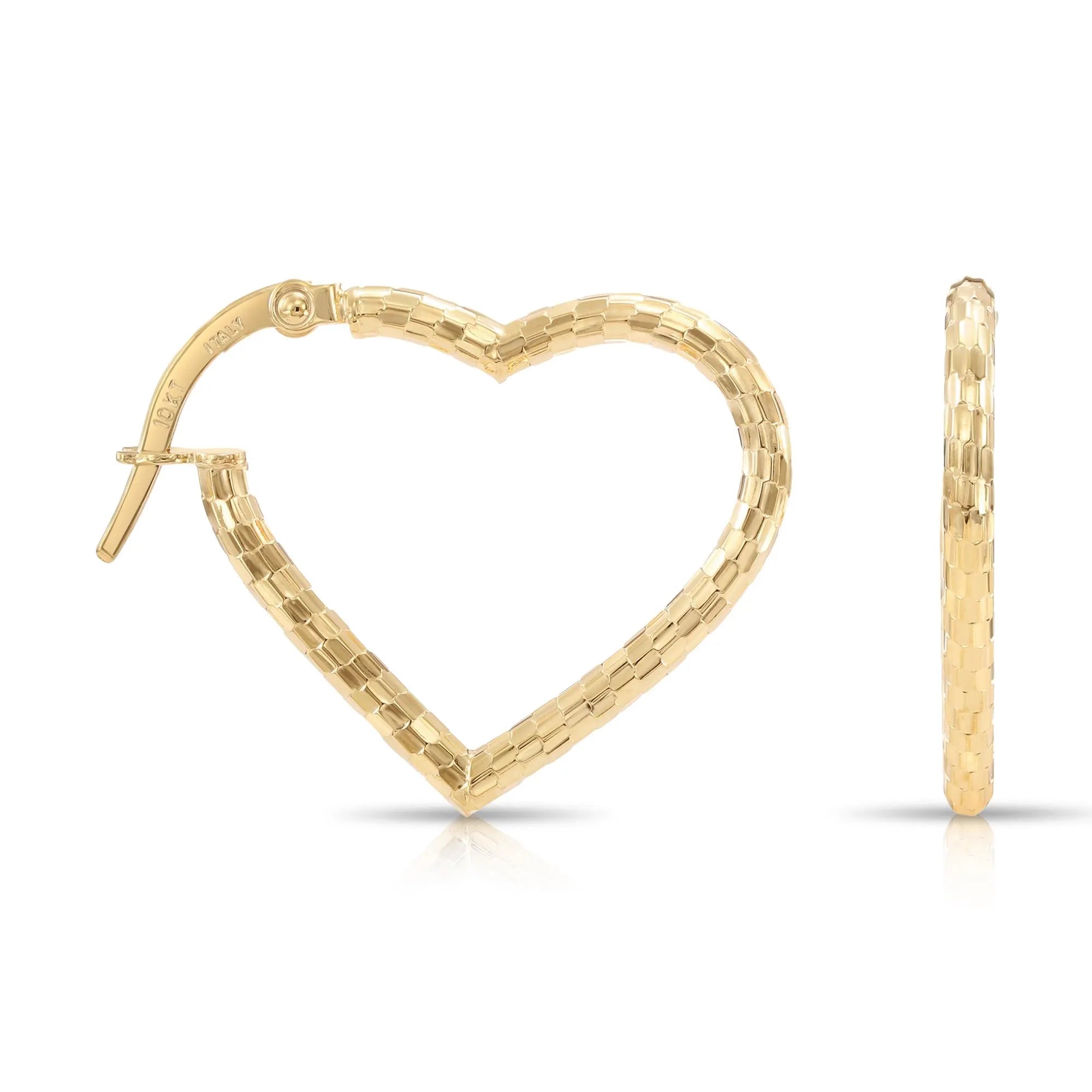Solid 10K Yellow Gold Heart Shape Hoop Earrings, with Secure Lever Backs, Diamond-Cut Pattern, Italian Style Design, Made in Italy
