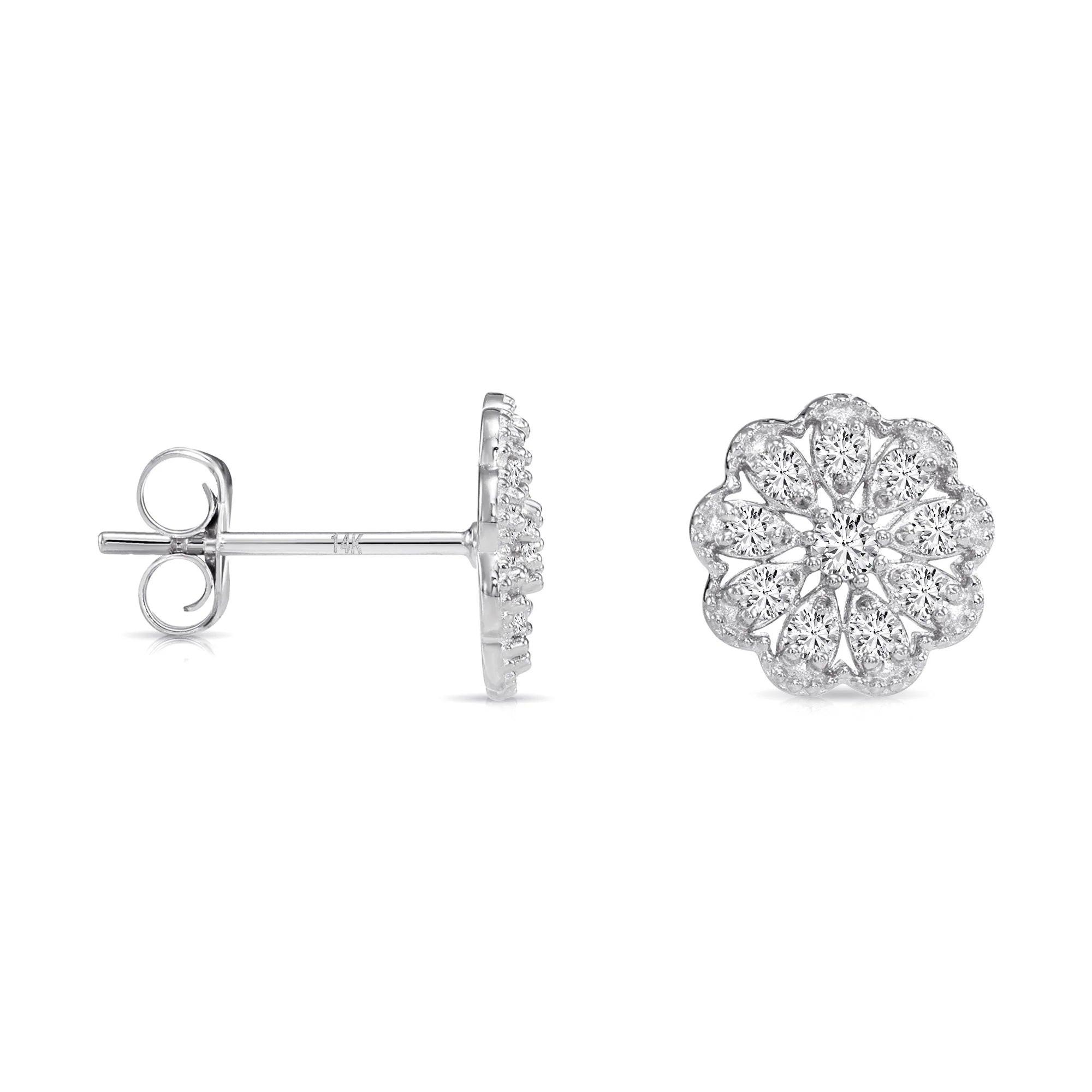 Stunning 14K Gold Lab Diamond Flower Halo Stud Earrings - 0.18Ctw with Secure Pushbacks.
