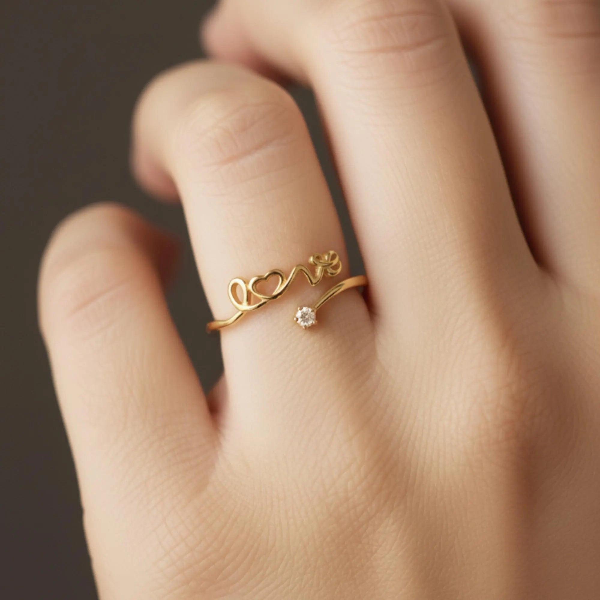 Dainty 14K Yellow Gold Love Script Ring with Simulated Diamonds - Perfect Stackable Gift for Her.