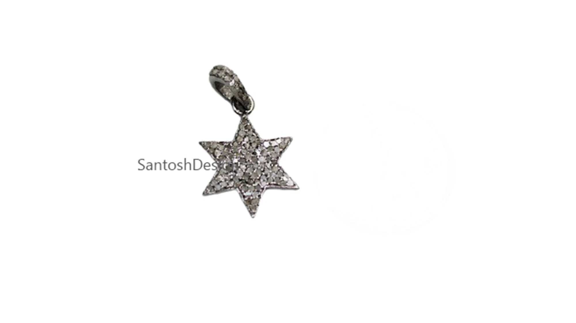 Sterling Silver Star Pendant, Pave Diamond Charm, Handmade Jewelry (28X16 MM)