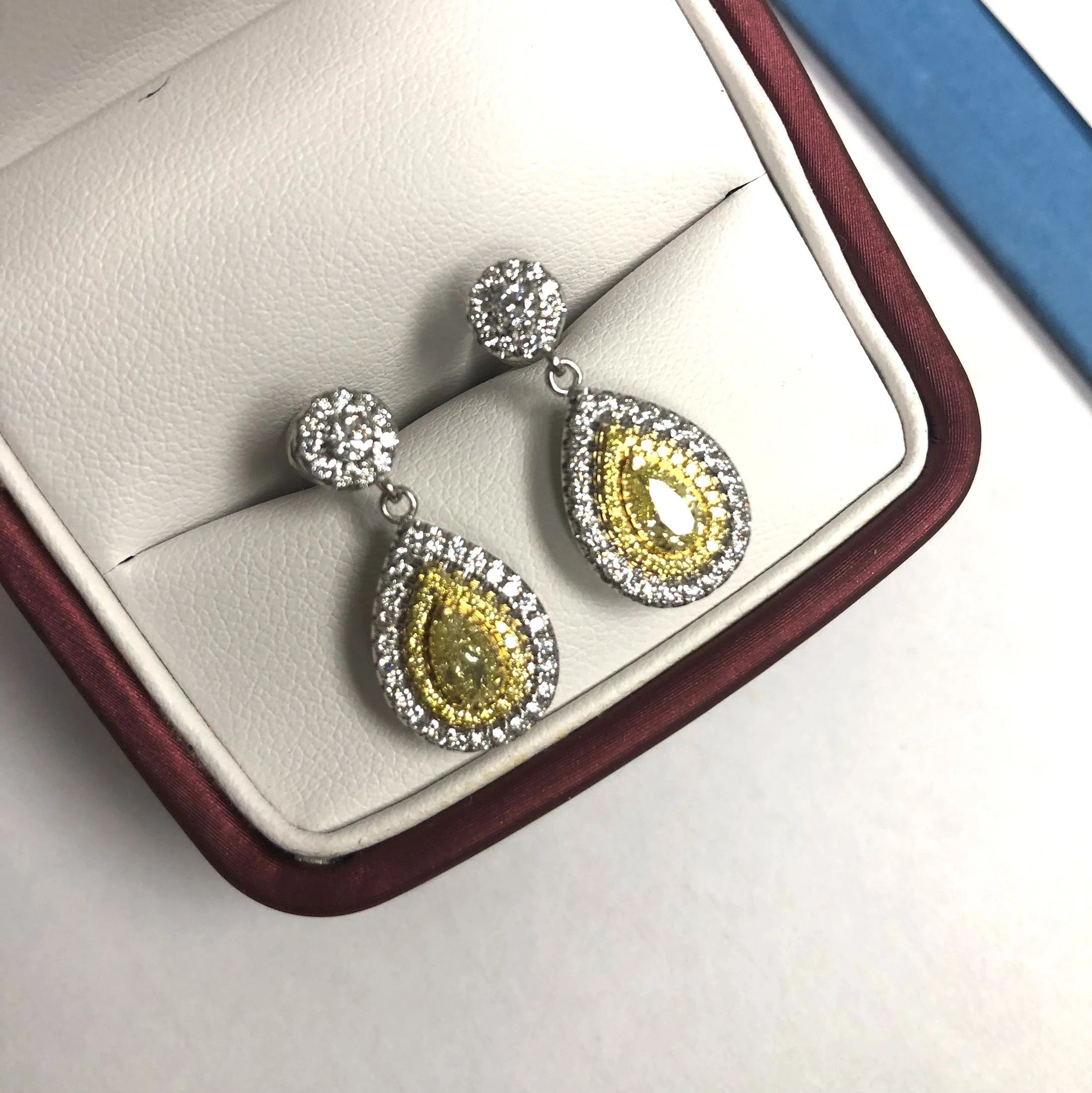 1.62Ct Fancy Yellow Pear Diamond Drop Earrings, 14K White Gold