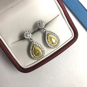 1.62Ct Fancy Yellow Pear Diamond Drop Earrings, 14K White Gold