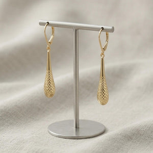 Teardrop Earrings— 14K Yellow Gold Diamond Cut, 1-3/4 Inch Leverback Drop Dangles