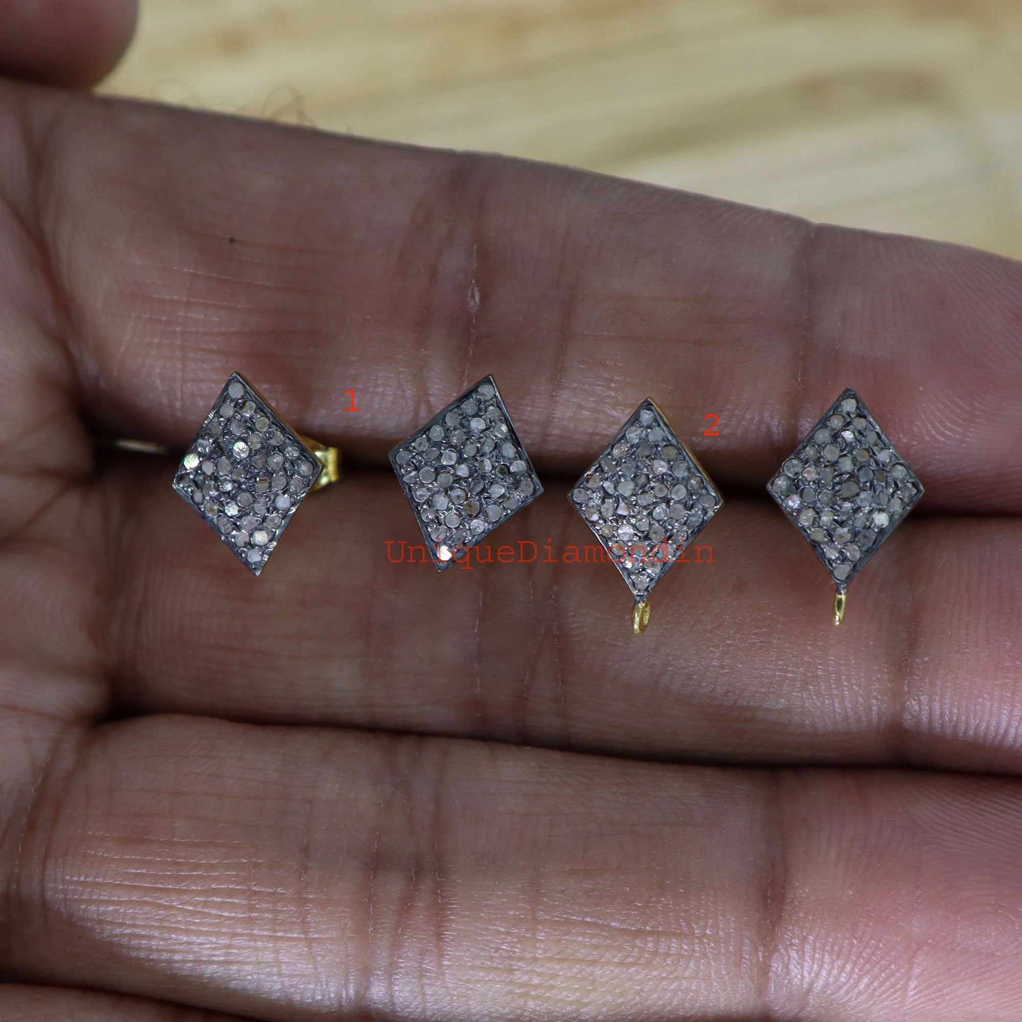 Handmade Pave Diamond Stud Earrings, 14K Gold & Sterling Silver Studs