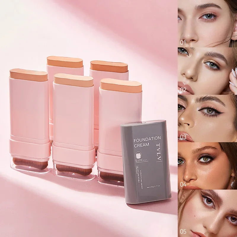 Concealing Foundation Stick 5 Shades with Built-In Brush, Brighten Lightweight and Waterproof Formula Face Contour Stick Makeup