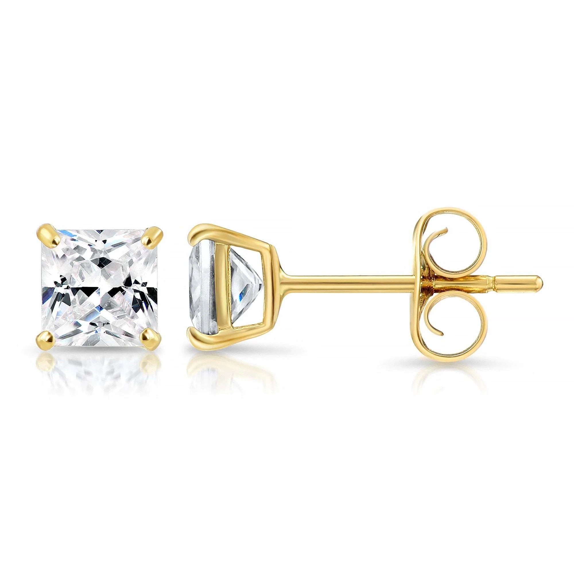 Bundle SET of 3! 14K Solid Gold Earrings, Square CZ Studs Sizes 3Mm, 4Mm, 5Mm, with Pushbacks