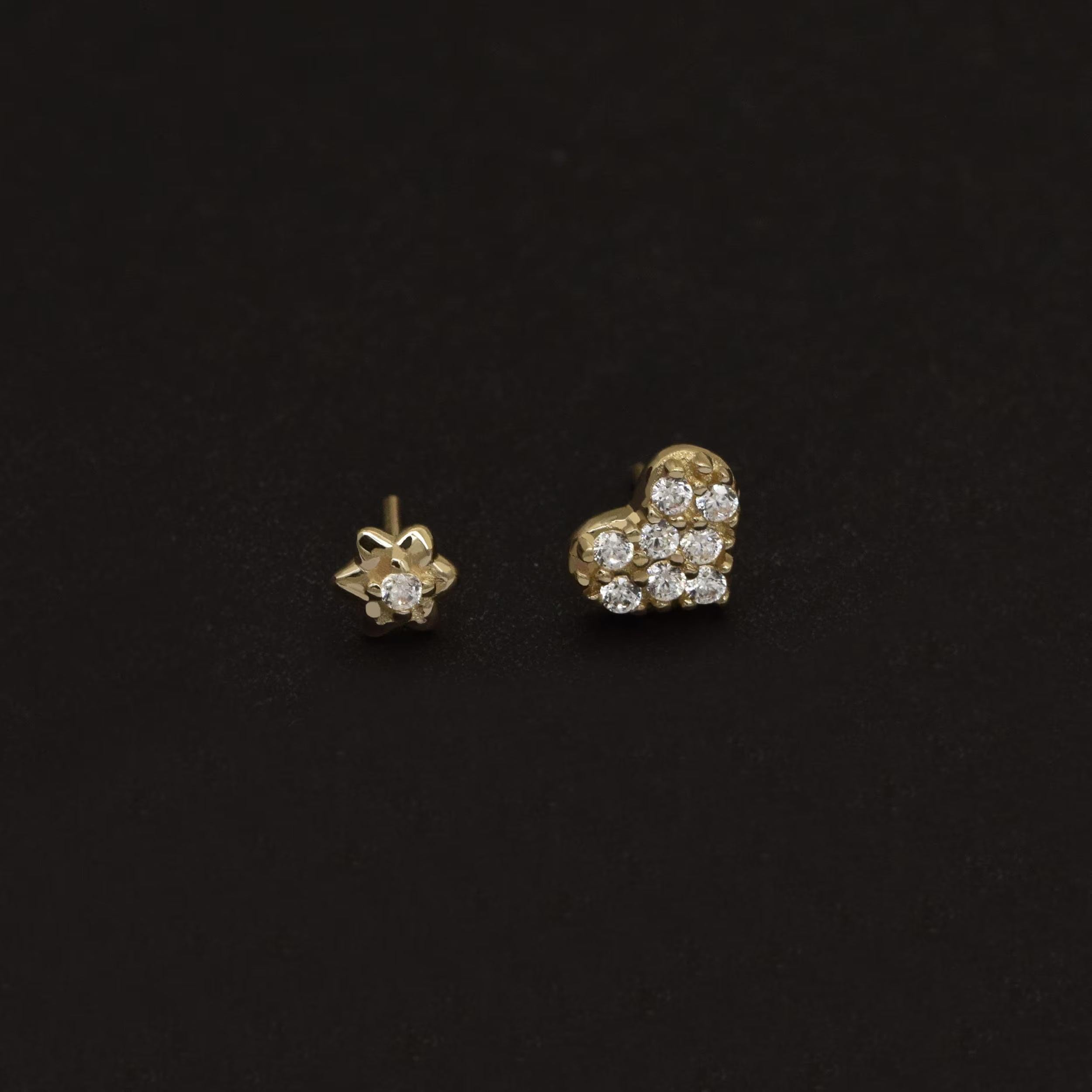 Dainty 14K Solid Gold Tiny Heart & Flower Flat Back Stud Earrings for Cartilage, Conch, Helix & Tragus.