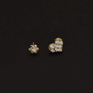 Dainty 14K Solid Gold Tiny Heart & Flower Flat Back Stud Earrings for Cartilage, Conch, Helix & Tragus.