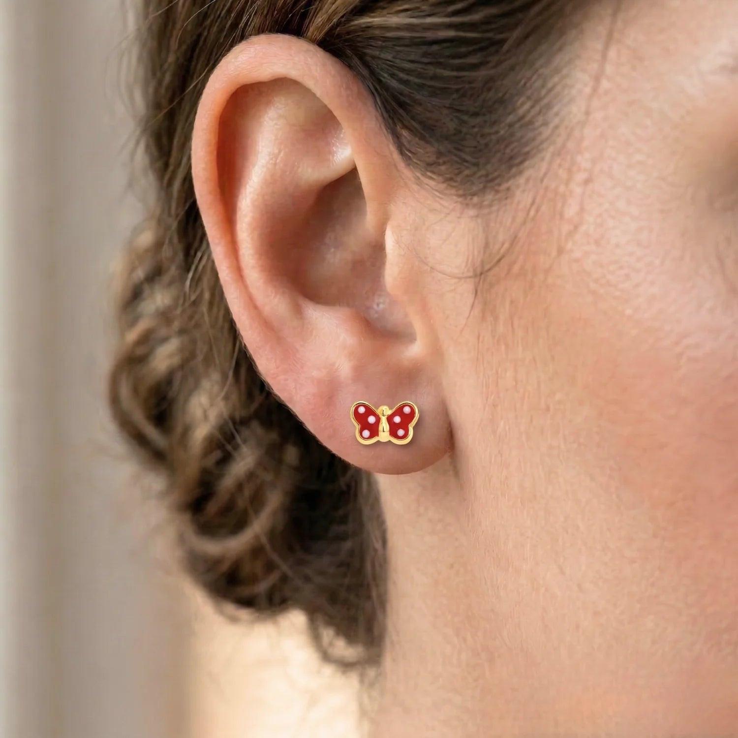 Stunning 14K Yellow Gold Butterfly Poke-A-Dot Enamel Stud Earrings with Pushback Closure.