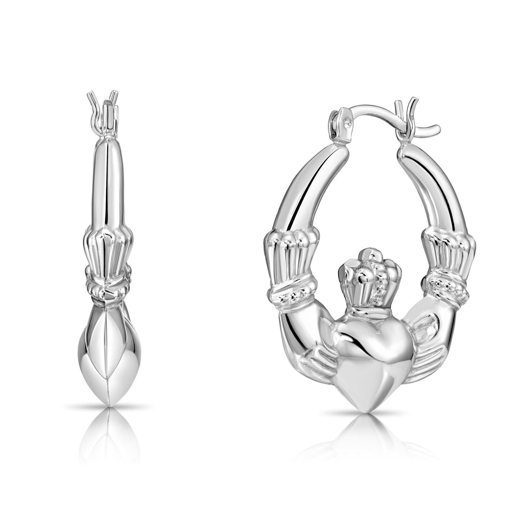 925 Sterling Silver Heart Crown Claddagh Hoop Earrings - Irish Friendship & Love Design.