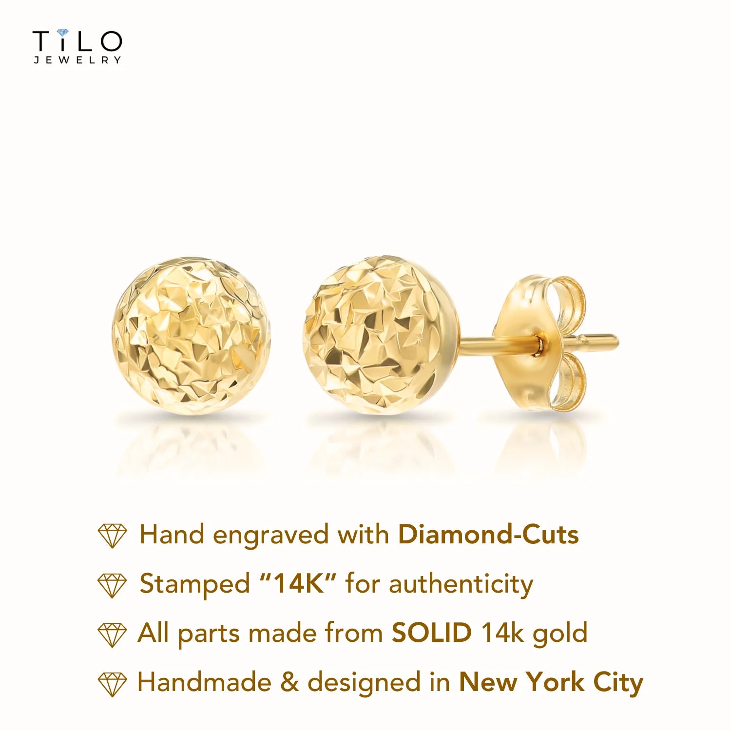 14K Yellow Gold Diamond Cut Sparkle Ball Stud Earrings