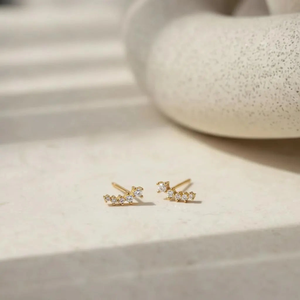 Dainty Ear Climber Earrings • CZ Diamond Curved Studs • 18K Gold Sterling Silver • Minimalist Crawler Earrings • Gift for Her, JE04