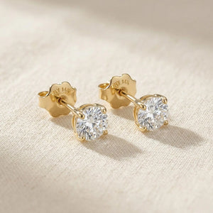 14K Yellow Gold round Simulated Diamond Stud Earrings, Brilliant CZ Studs, Basket Set, Classic Screwback Studs, Unisex, by TILO Jewelry