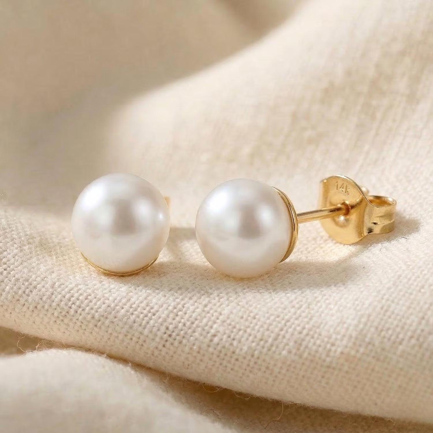 Lustrous 14K Gold Round White Freshwater Pearl Bridal Stud Earrings - Classic Gift for Her in 5mm, 6mm, 6.5mm, & 7mm.