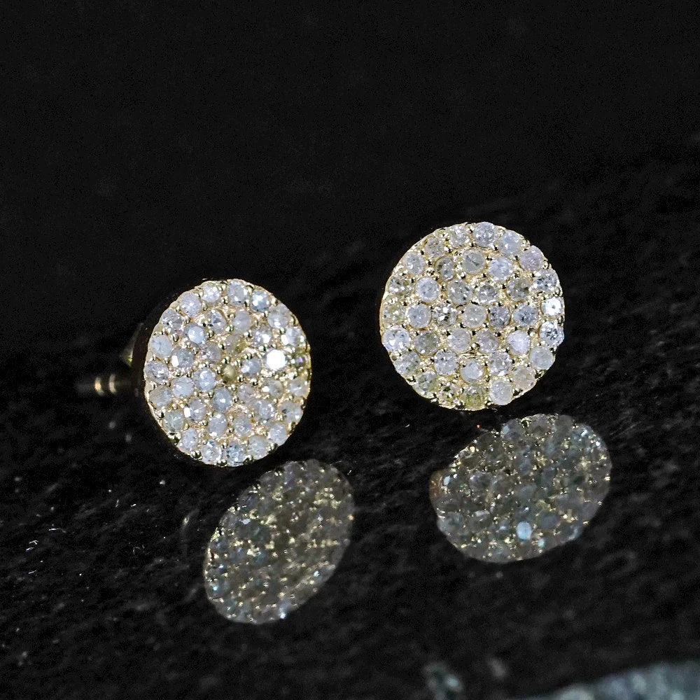 Pave Diamond 8MM Disc round Stud Earrings Solid 14K Yellow Gold Fine Jewelry Gift for Her Minimalist Earrings Pushback Jewelry New