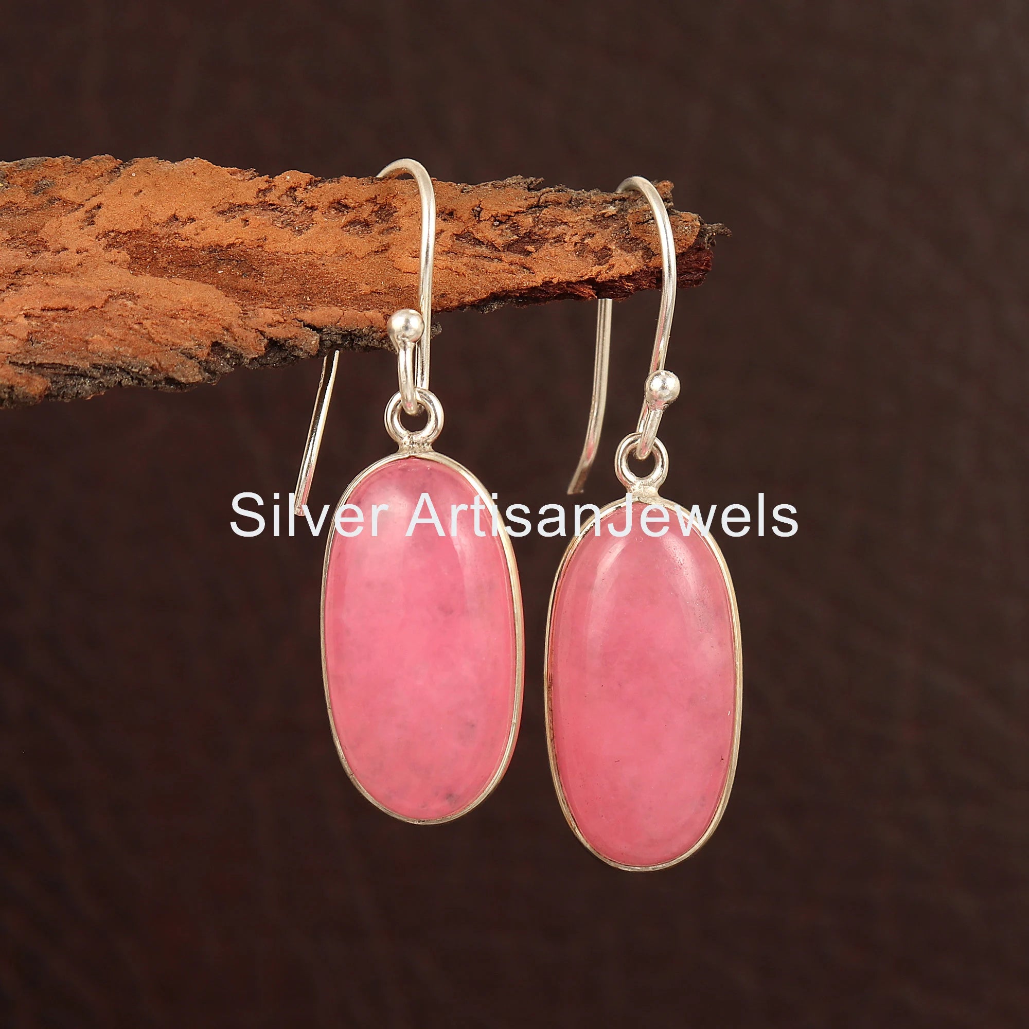 Sterling Silver Pink Jade Earrings: Boho Dangle Drop Earrings