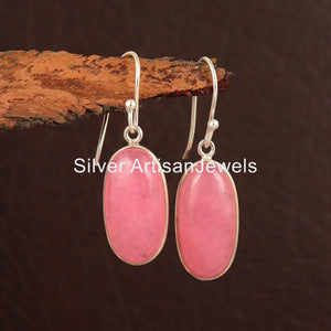 Sterling Silver Pink Jade Earrings: Boho Dangle Drop Earrings