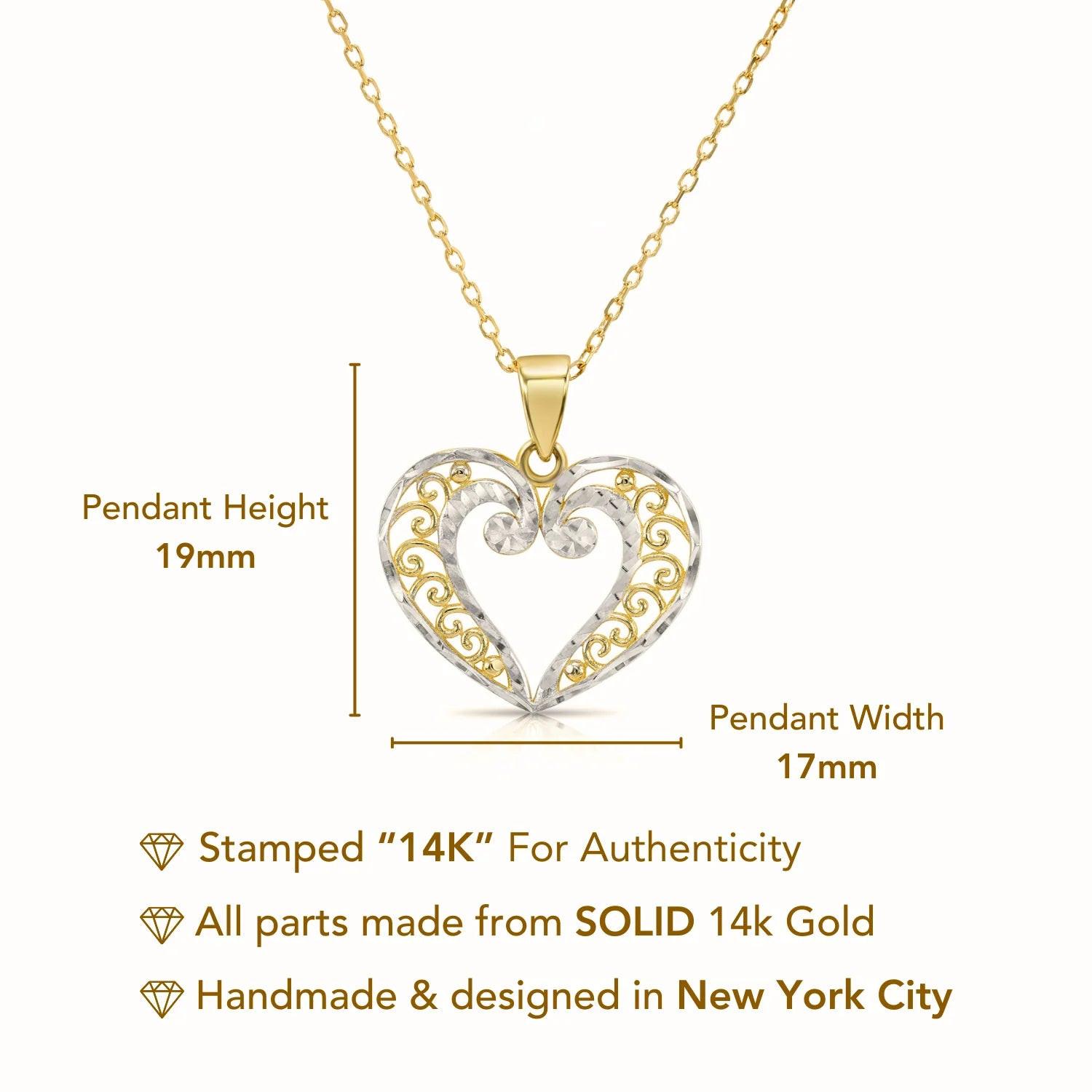 Stunning 14K Two-Tone Gold Heart Pendant Necklace with 18" Cable Chain.