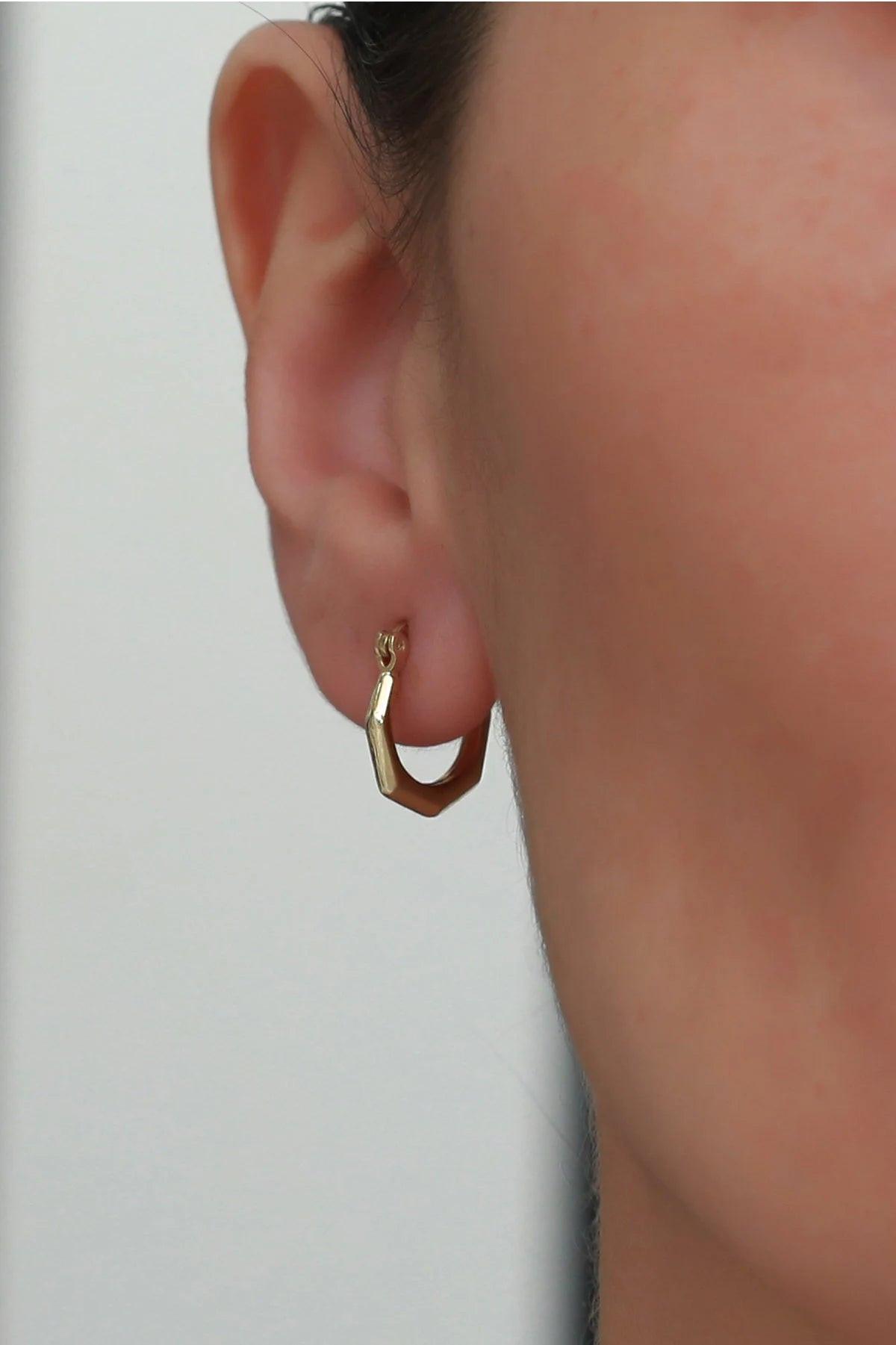 Dainty 14K Solid Gold Hexagon Hoop Earrings - Minimalist Tiny Geometric Jewelry.