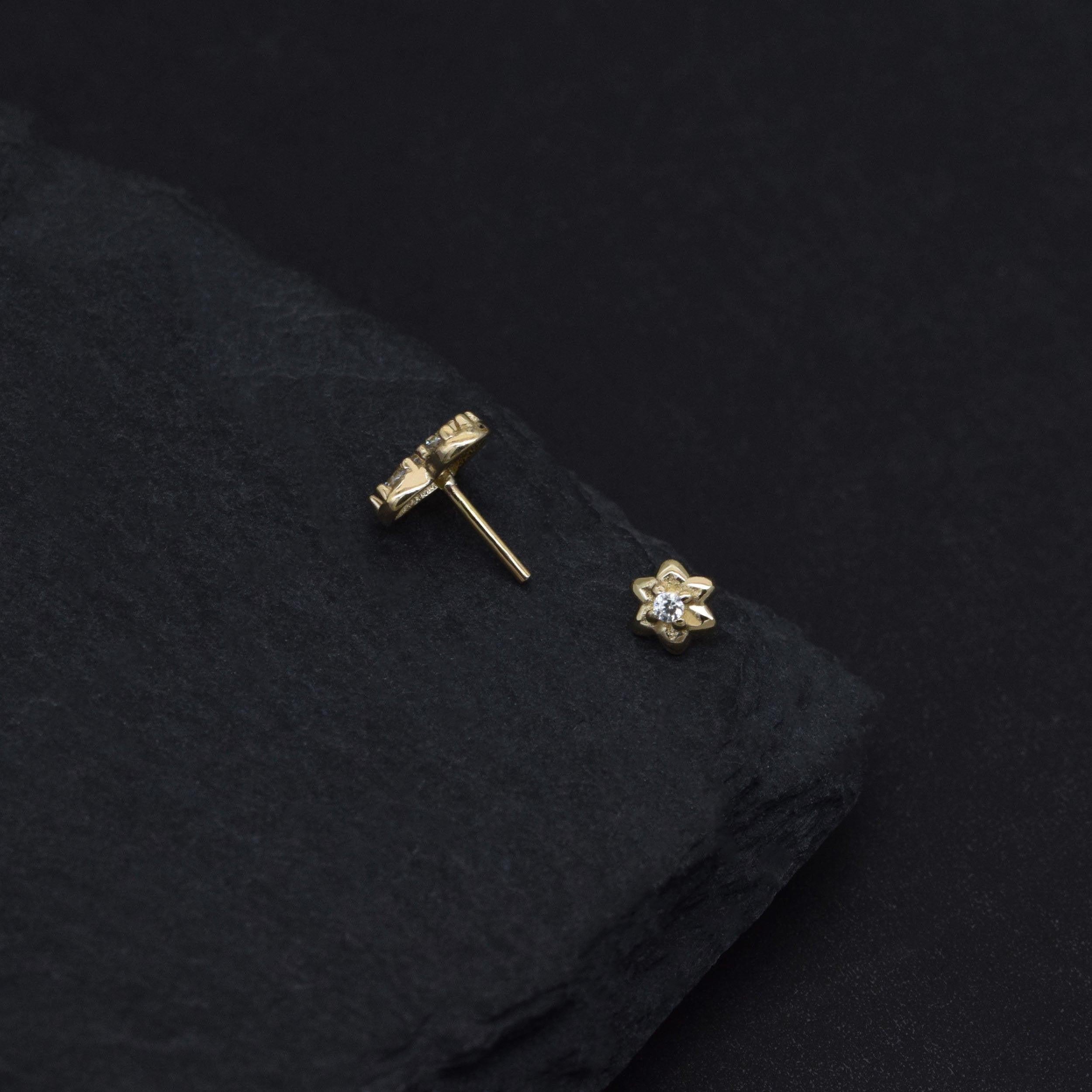 Dainty 14K Solid Gold Tiny Heart & Flower Flat Back Stud Earrings for Cartilage, Conch, Helix & Tragus.