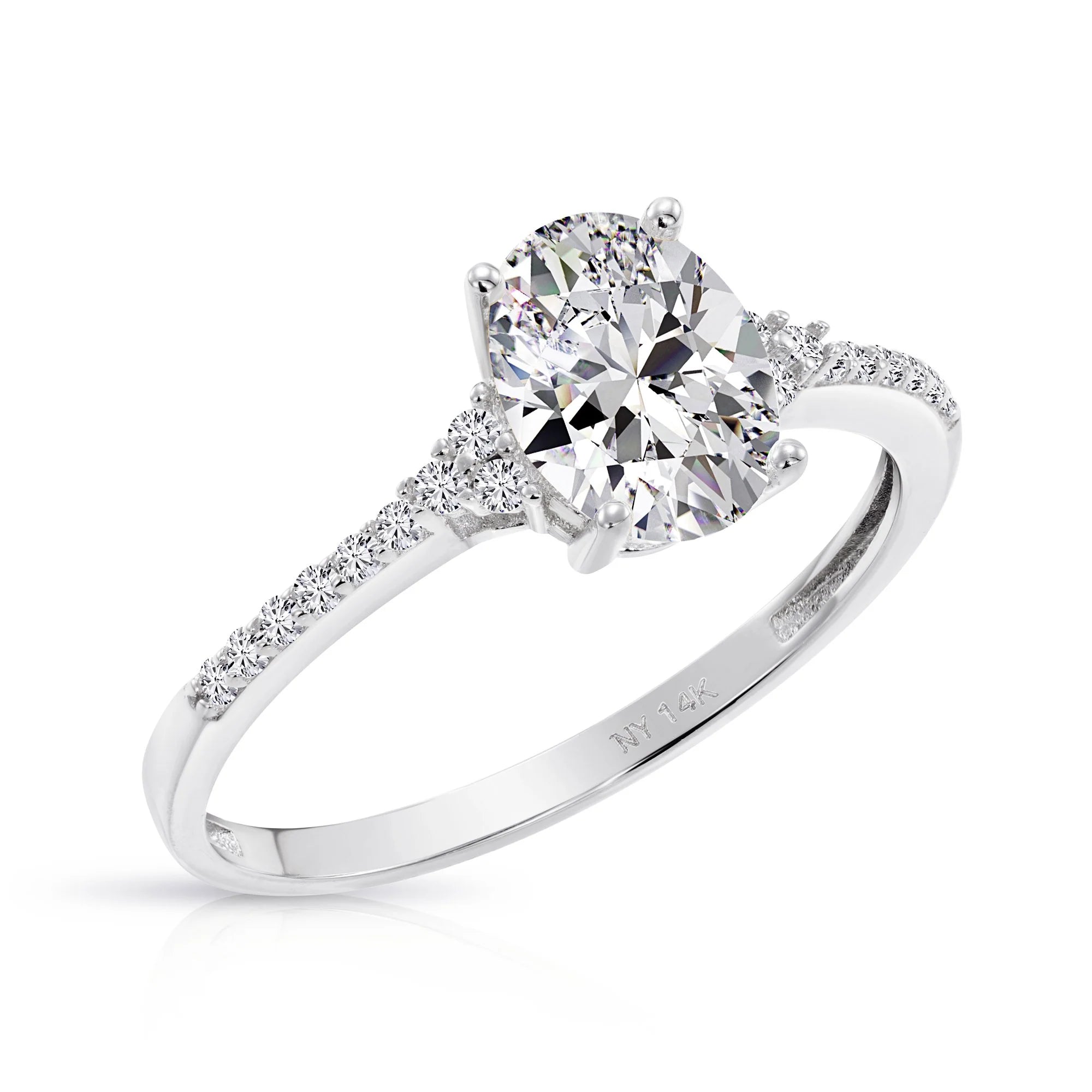 14K White Gold Oval-Shaped Solitaire 1.5 Carat Engagement Ring with Side Stones