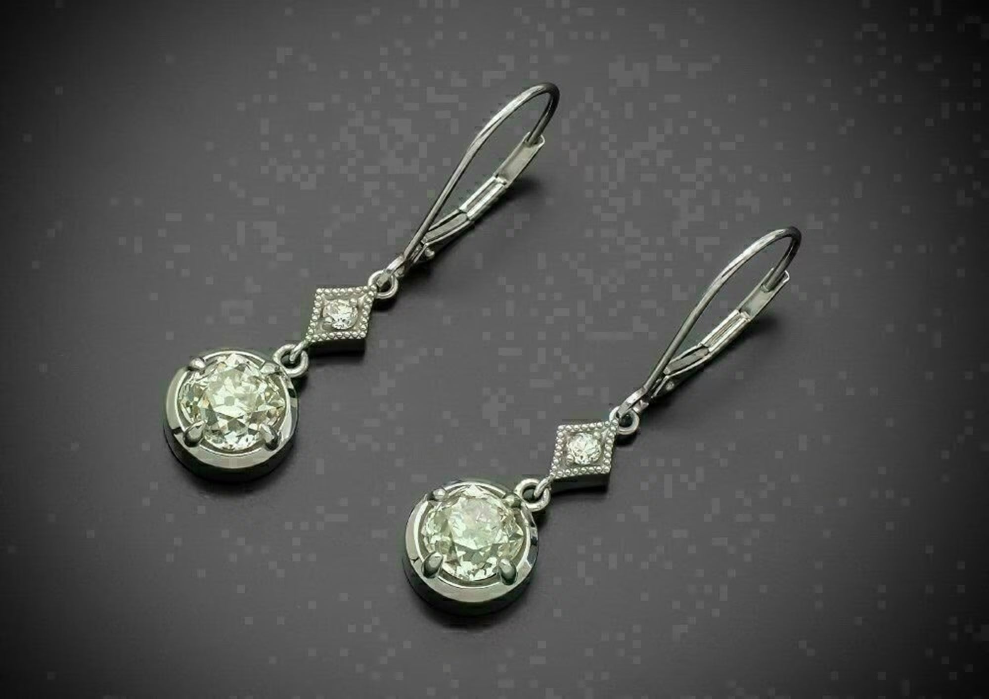 Antique Old Mine Cut & round Moissanite Diamond Dangle Earring, Vintage Two Stone Long Dangle Earring for Woman'S, Lever Back Drop Earring