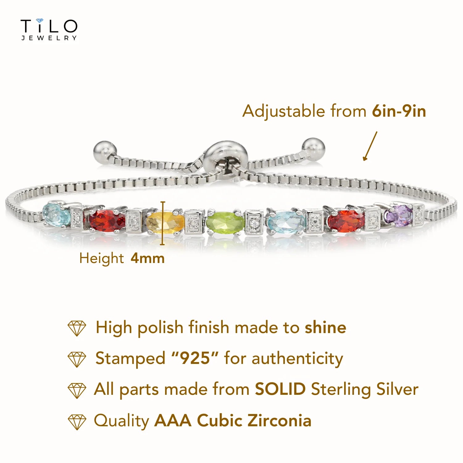 Sterling Silver Multicolor Rainbow CZ Bracelet, Adjustable Length