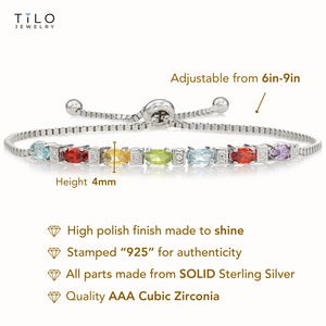 Sterling Silver Multicolor Rainbow CZ Bracelet, Adjustable Length