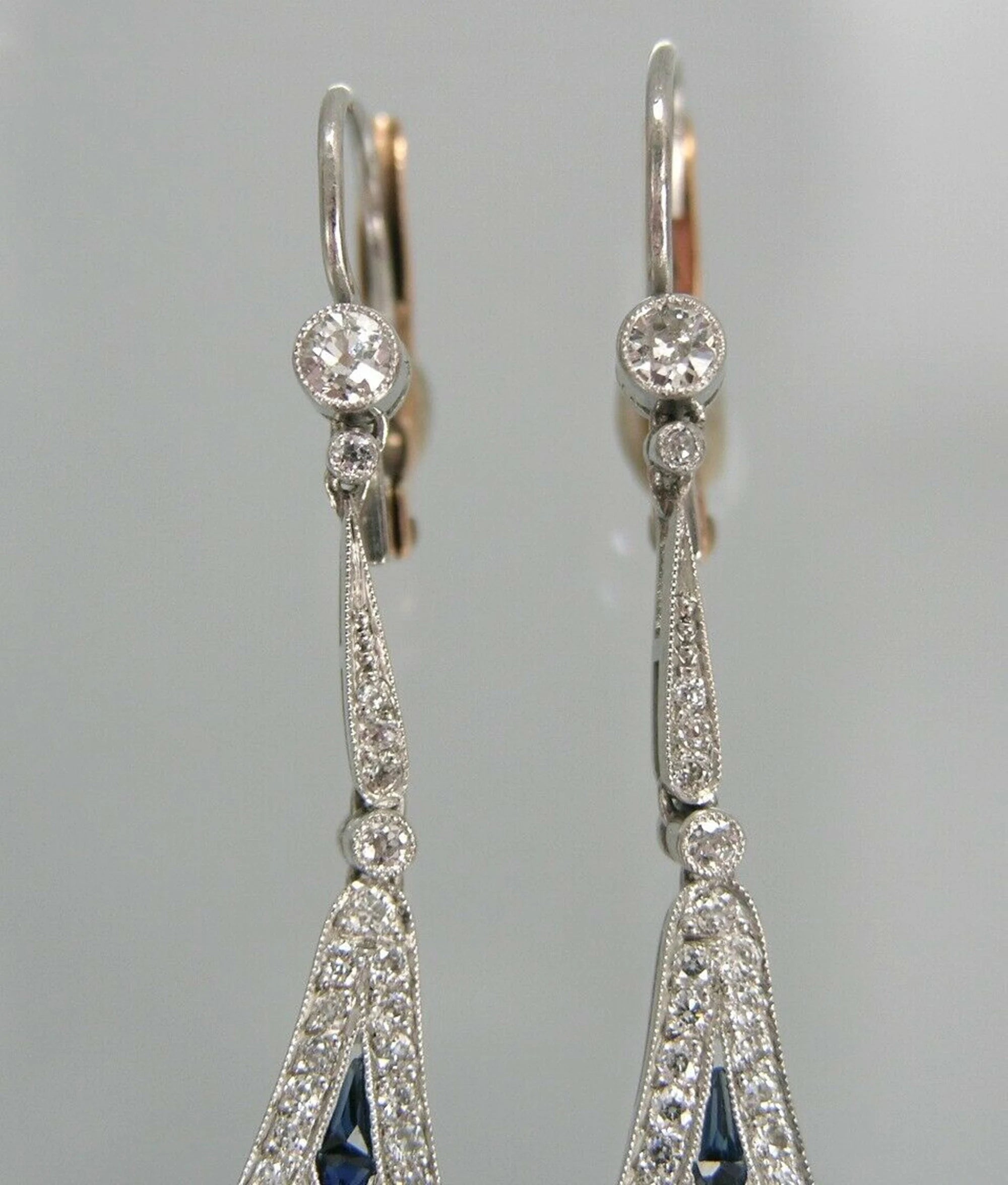 Art Deco Sapphire Dangle Drop Earring, Two Tone Lever Back Earring, Blue Baguette & Old European Cut Diamond Earring, Retro Navette Earrings
