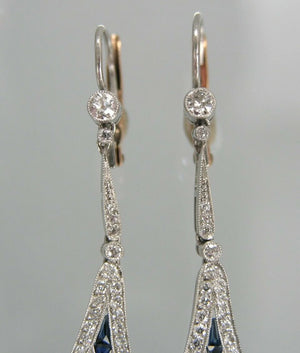 Art Deco Sapphire Dangle Drop Earring, Two Tone Lever Back Earring, Blue Baguette & Old European Cut Diamond Earring, Retro Navette Earrings