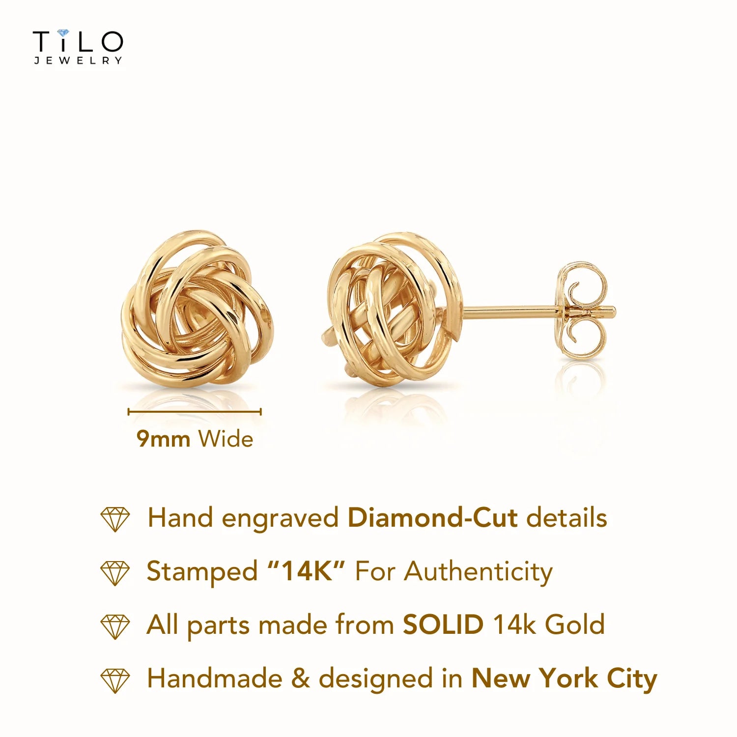 14K Gold Love Knot Stud Earrings with Hand Engraved Diamond Cuts, 9Mm, Pushback Studs