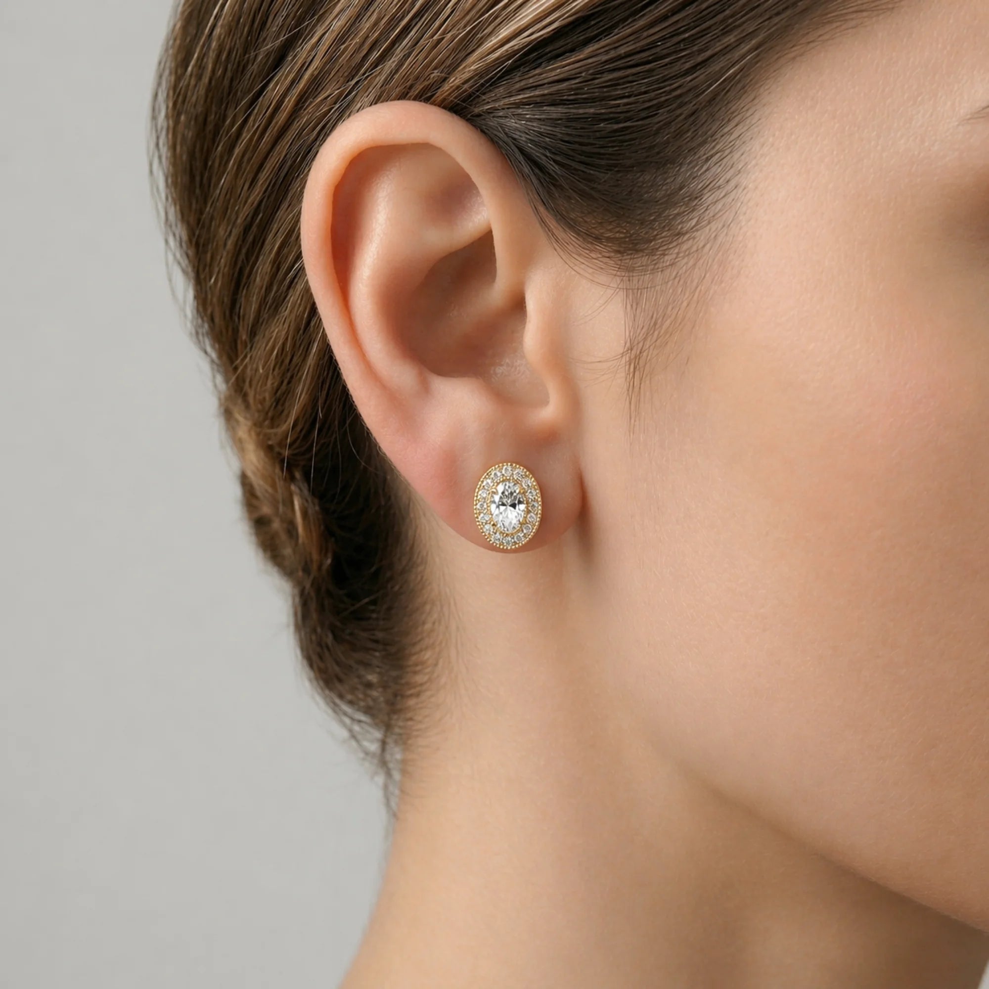 14K Yellow Gold Oval CZ Halo Stud Earrings