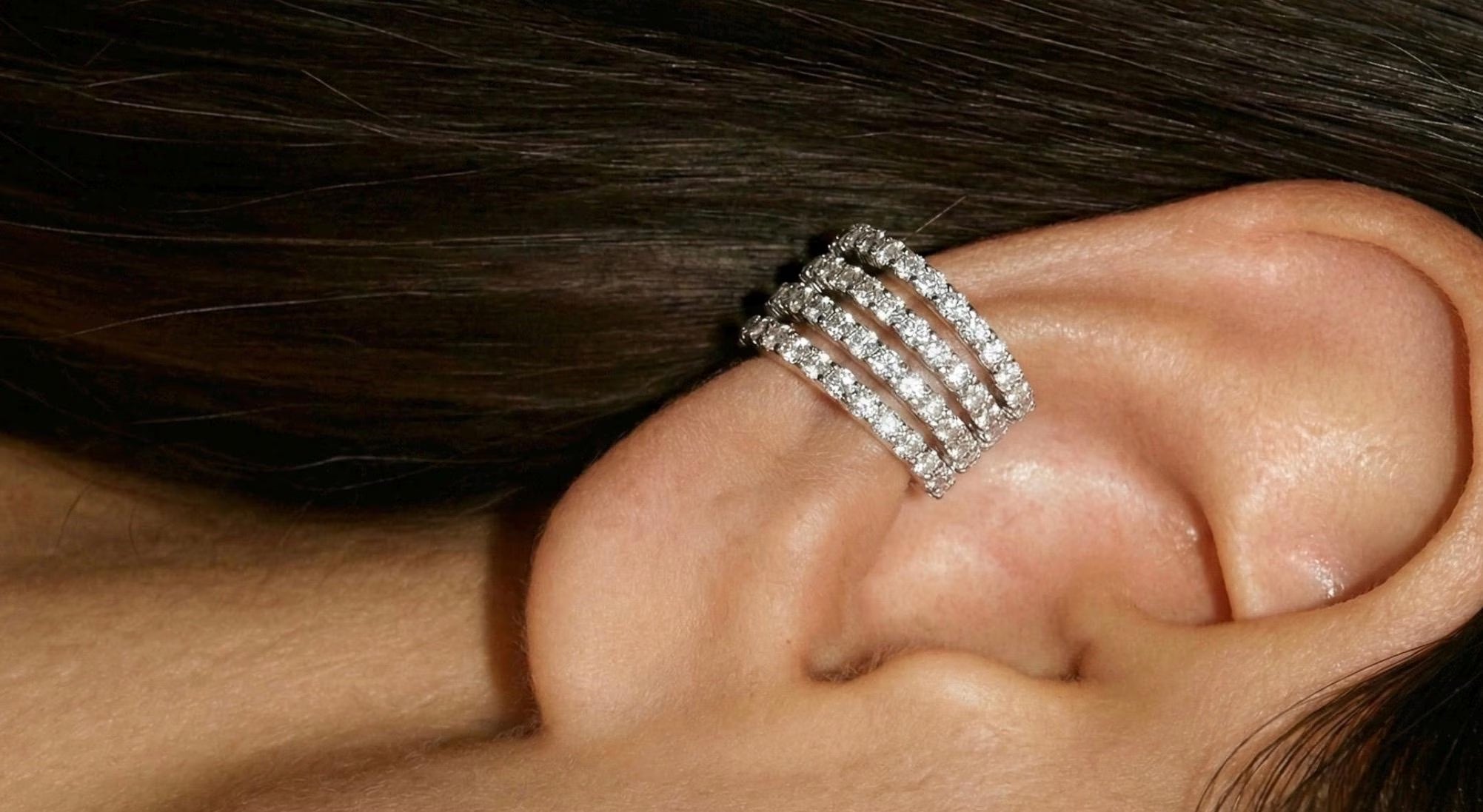 Silver Multi-Band Ear Cuff, No Piercing Sparkling Cartilage Hoop, 4-Row Pave Diamond Conch Earring