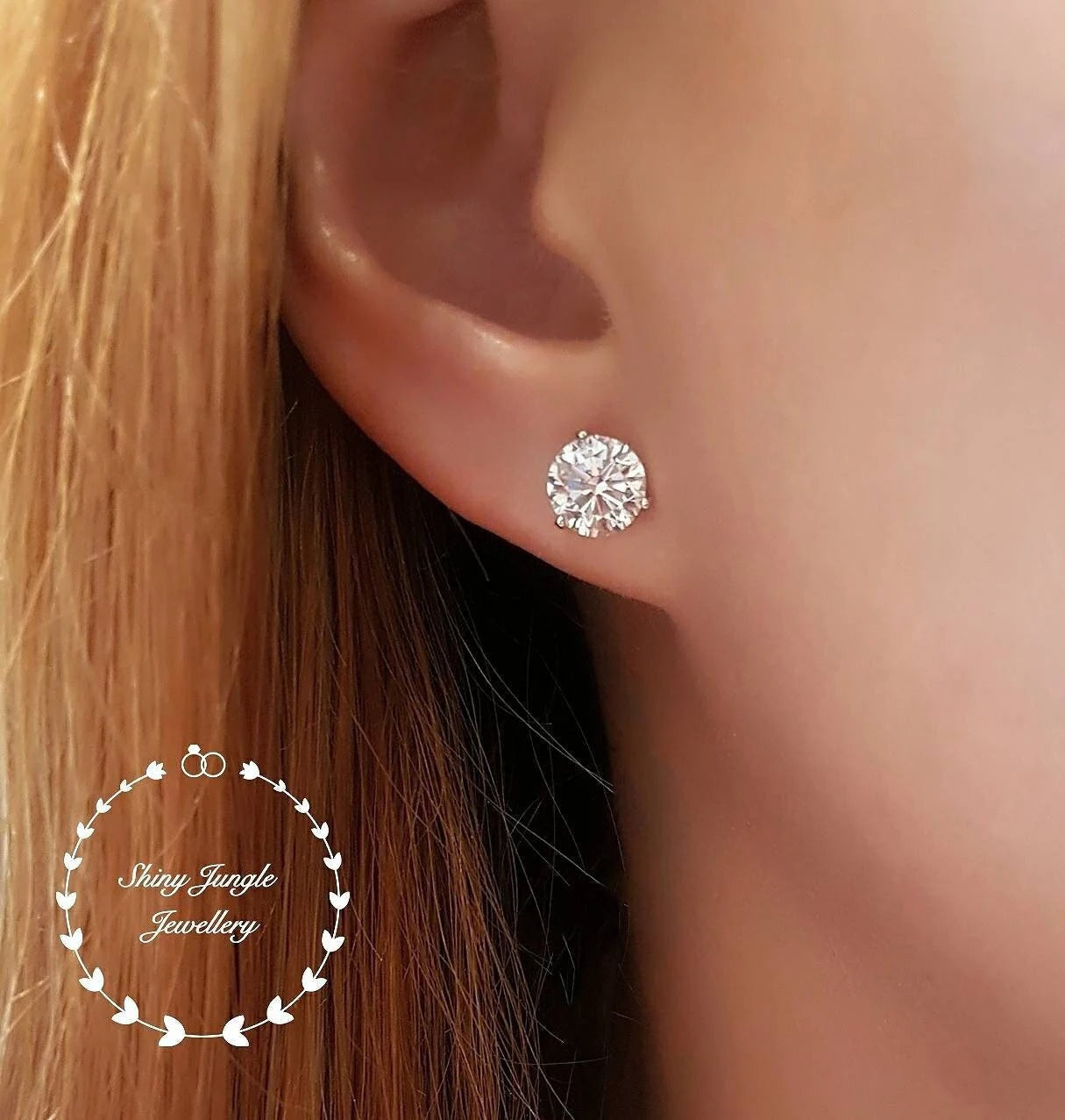 Diamond Stud Earrings, 0.5, 1 & 2 Carat Man Made Diamond Simulant Studs, 14K White Gold Plated Silver 3 Prong Set, Mothers Day Gift with Box