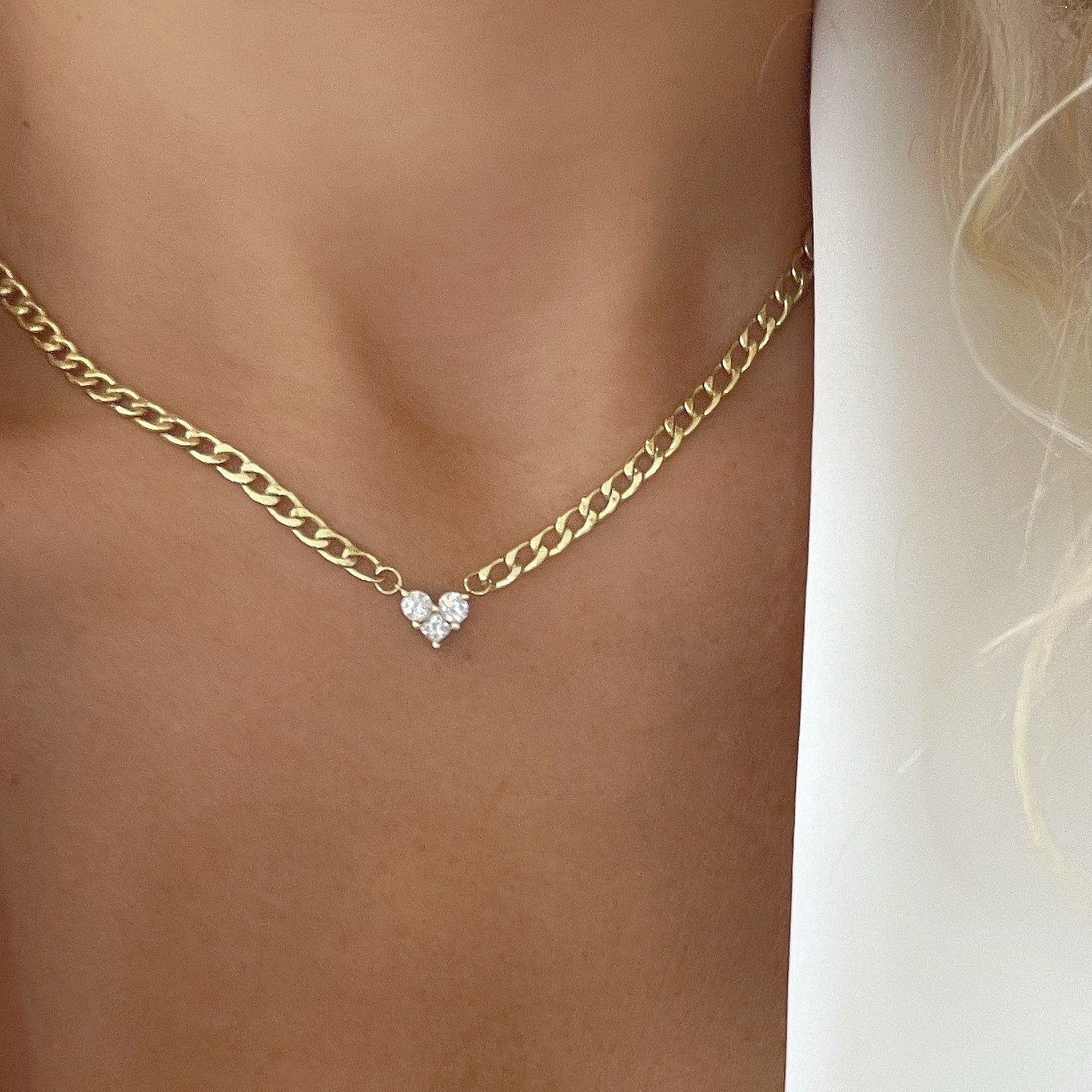 Gold Choker Necklace with Heart Shape Diamond Pendant, Three Lab Grown Diamonds Became into a Beautiful Heart Pendant in 14K Yellow Gold