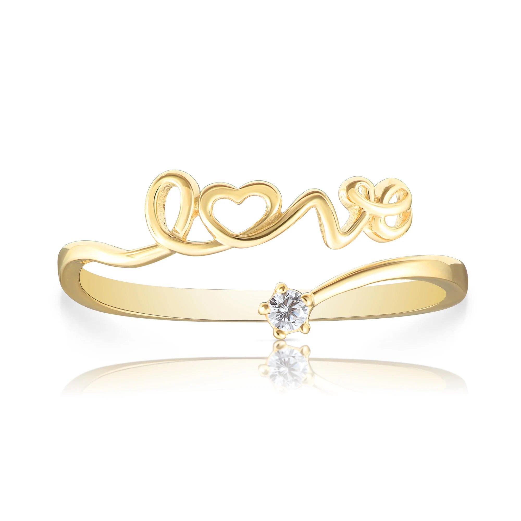 Dainty 14K Yellow Gold Love Script Ring with Simulated Diamonds - Perfect Stackable Gift for Her.