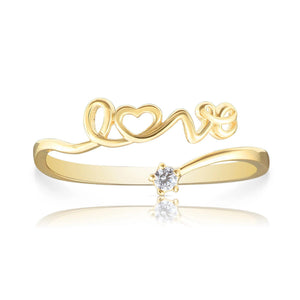 Dainty 14K Yellow Gold Love Script Ring with Simulated Diamonds - Perfect Stackable Gift for Her.