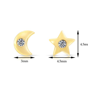 10K Yellow Gold Star and Moon Stud Earrings