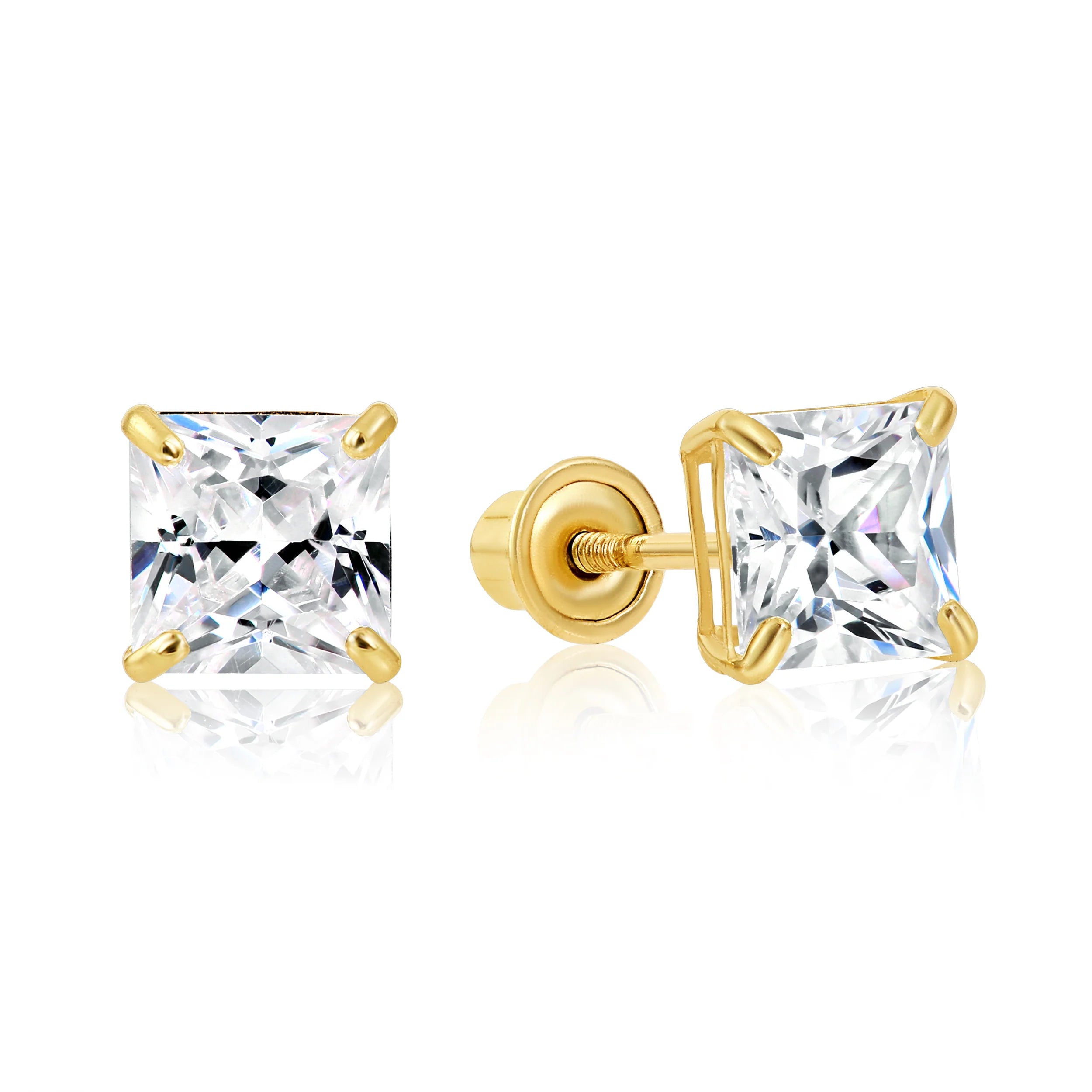 Bundle SET of 3! 14K Solid Gold Earrings, Square CZ Studs with Screwbacks