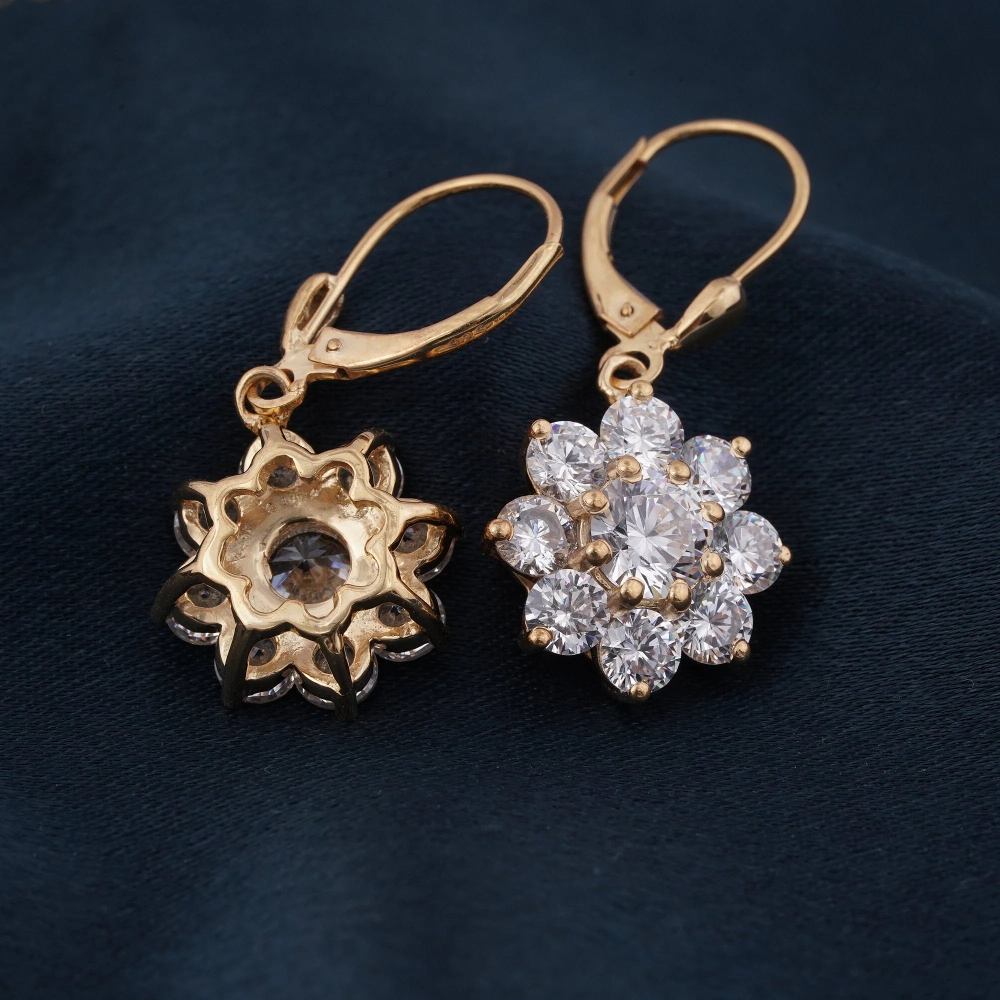GRA Moissanite Flower Earrings, 14K Gold Plated Sterling Silver Lever Back Drop