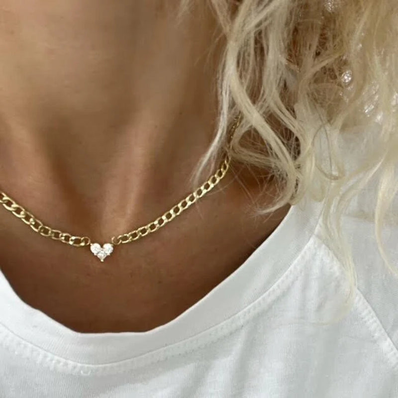 Gold Choker Necklace with Heart Shape Diamond Pendant, Three Lab Grown Diamonds Became into a Beautiful Heart Pendant in 14K Yellow Gold