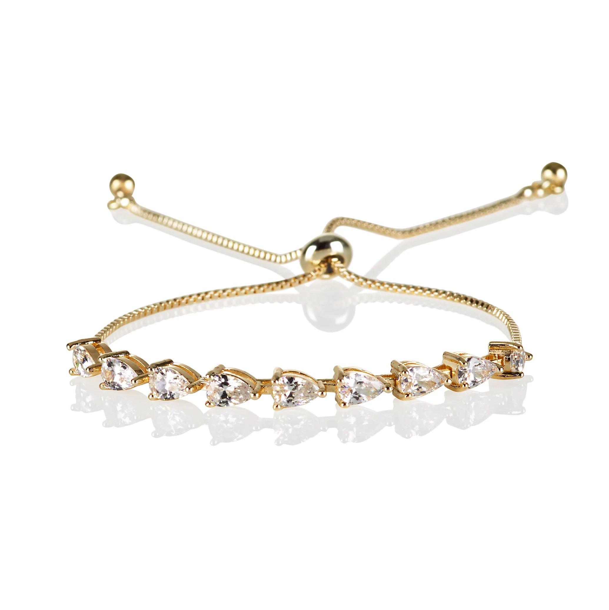 Elegant Gold Slider Bracelet with Dainty Pear-Shaped Cubic Zirconia for Women and Girls.