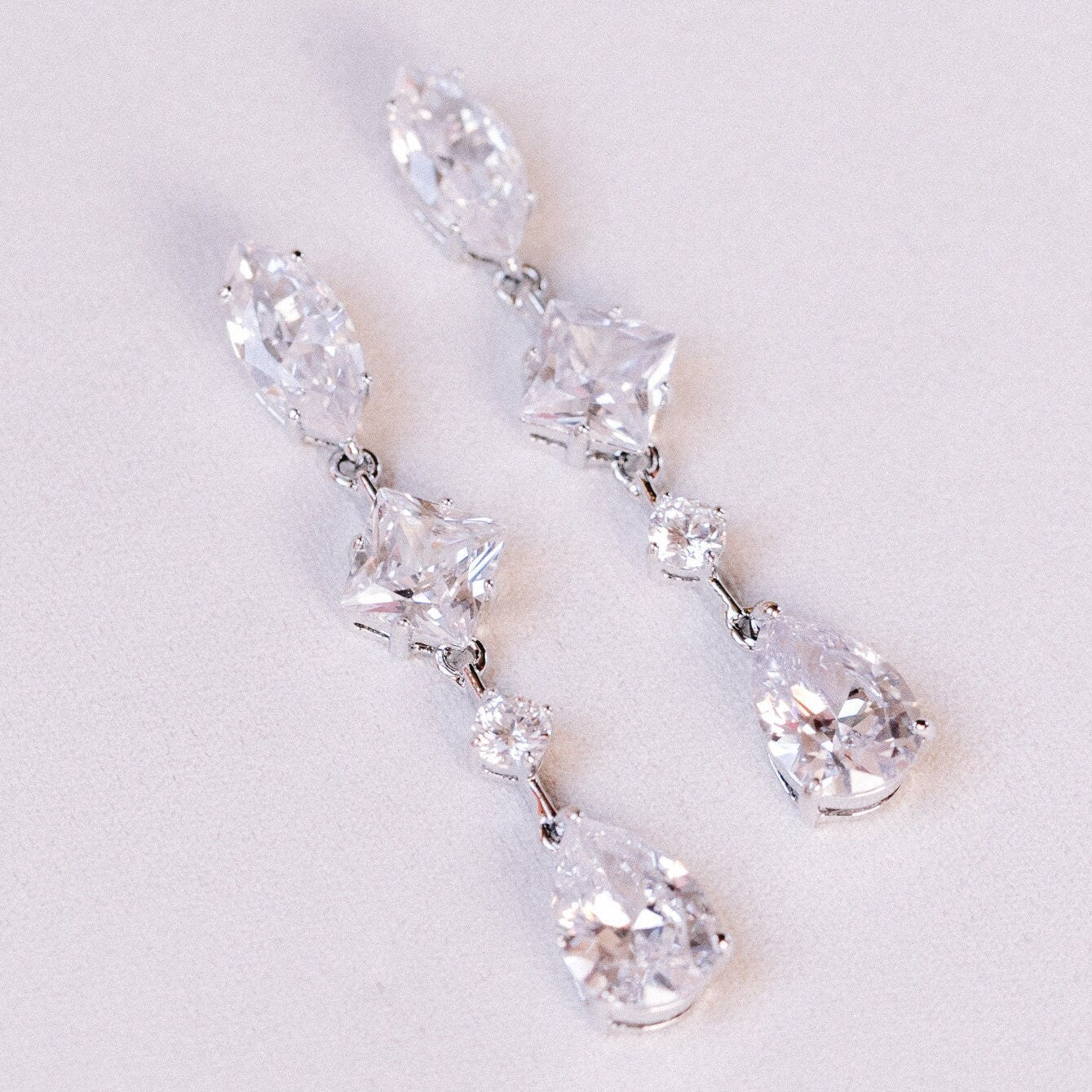 Tear Drop Wedding Jewelry, Square Diamond Dangle Earring, Oval Shape CZ, round Gem Earring, CZ Bride Earring, Silver Bridal Earring, Pear