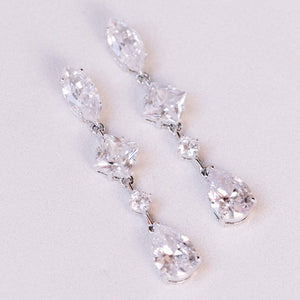 Tear Drop Wedding Jewelry, Square Diamond Dangle Earring, Oval Shape CZ, round Gem Earring, CZ Bride Earring, Silver Bridal Earring, Pear