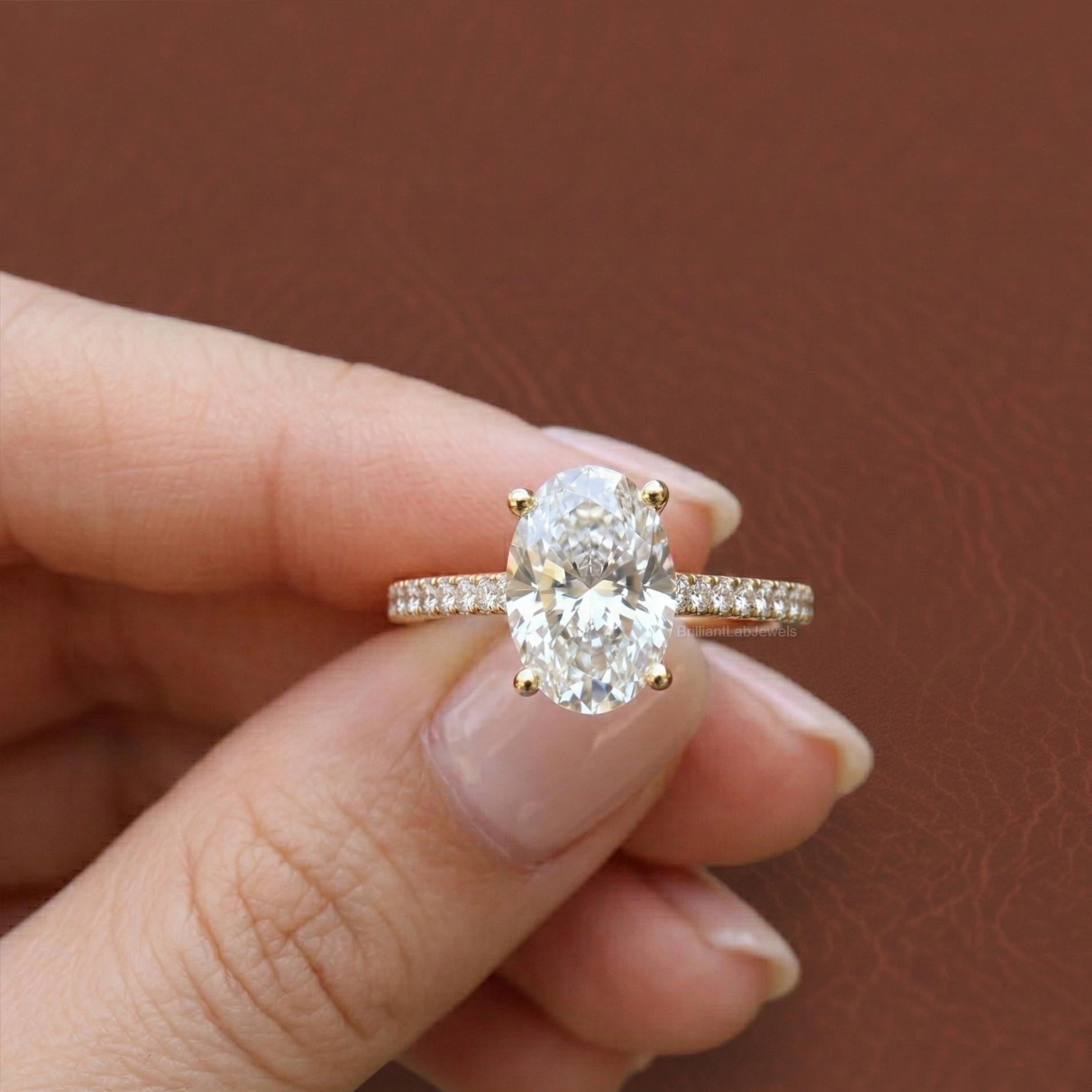 Oval Cut Engagement Ring, Lab Grown Diamond Solitaire Accent Ring, 14K Yellow Gold Bridal Ring, Propose Ring for Love, 3 Carat Oval Ring