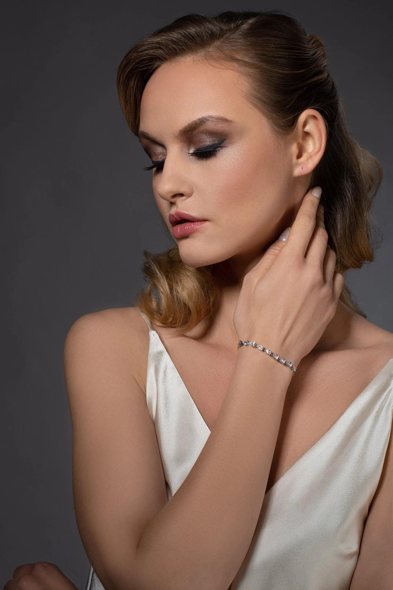 Elegant Dainty Silver CZ Slider Bracelet with Pear-Shaped Cubic Zirconia – Adjustable for Women & Girls.