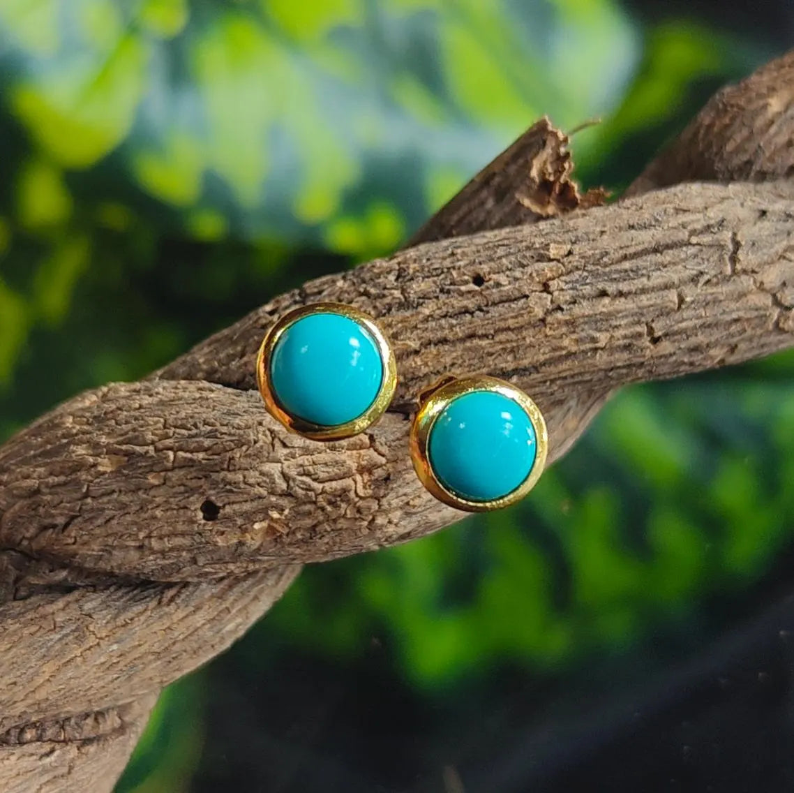 Sleeping Beauty Turquoise Studs Pair, Gold Plated Push Back Studes Earrings, 8Mm round Gemstone, Party Wear Earrings, Statement Jewelry.