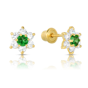 14K Yellow Gold Birthstone Halo Flower Stud Earrings, Available in 12 Colors