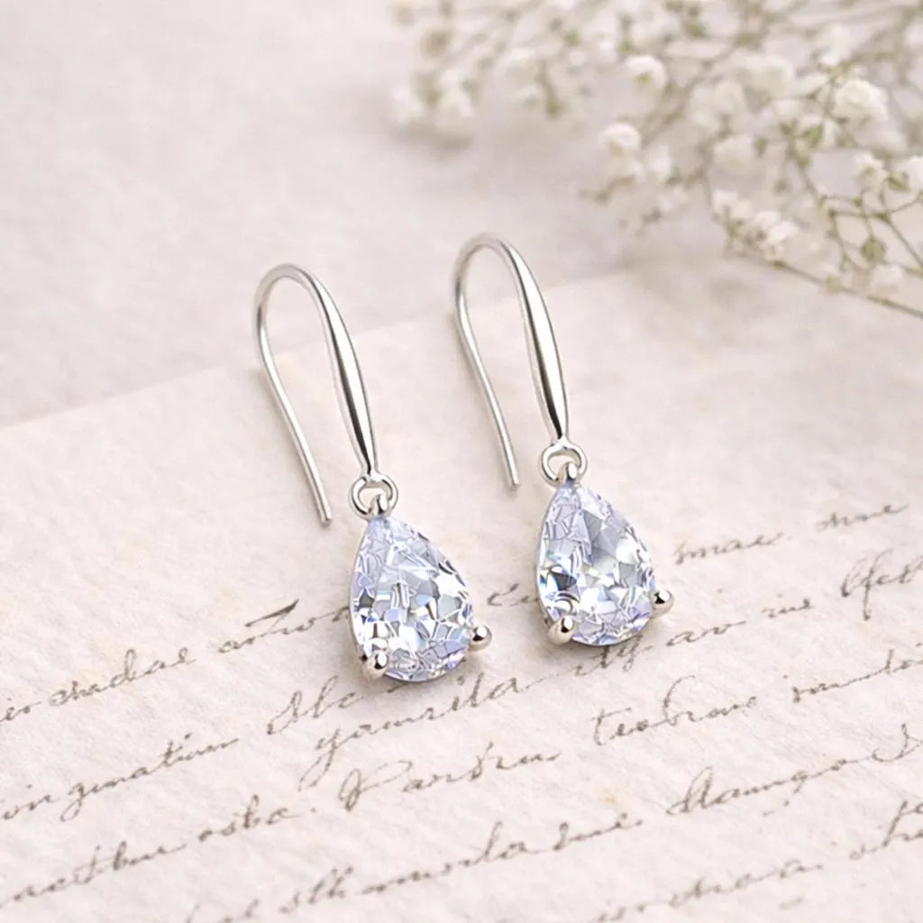 Teardrop Crystal Earrings: Sterling Silver Hooks, CZ Diamond Simulation