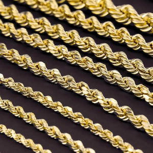 Elegant 10K Yellow Gold Rope Chain Necklace – Solid Gold, 2-5mm, 16-24 Inch with Secure Lobster Clasp.
